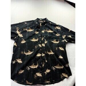 Cafe Luna Shirt Mens XL Black Fish Print Hawaiian Button Up Short Sleeve Summer‎